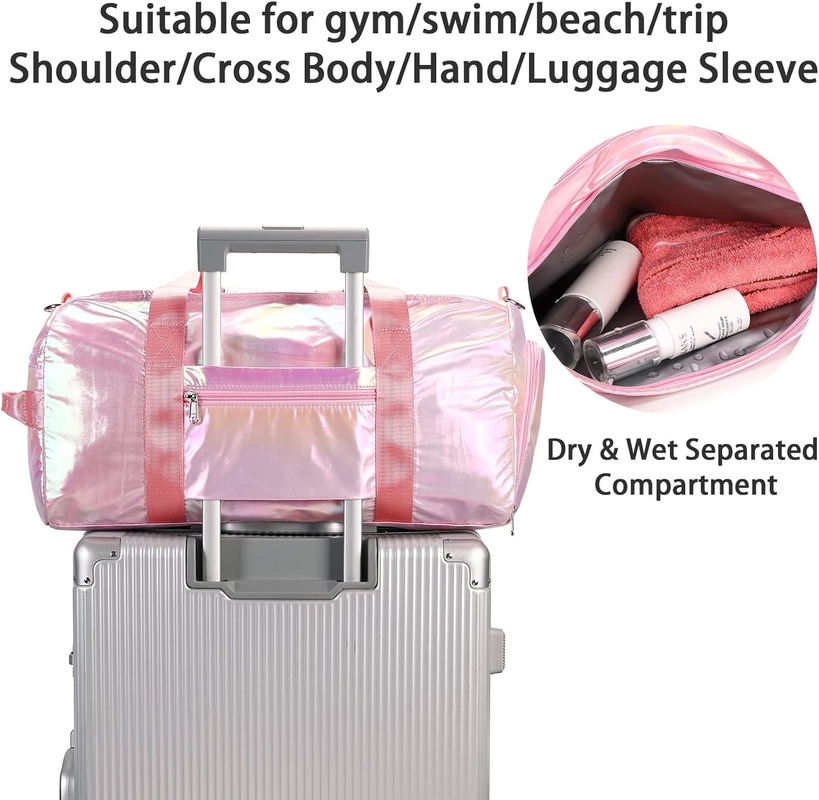 Waterbestendige polyester metalen roze kleur Overnight Weekender Gym Danstas met natte zak