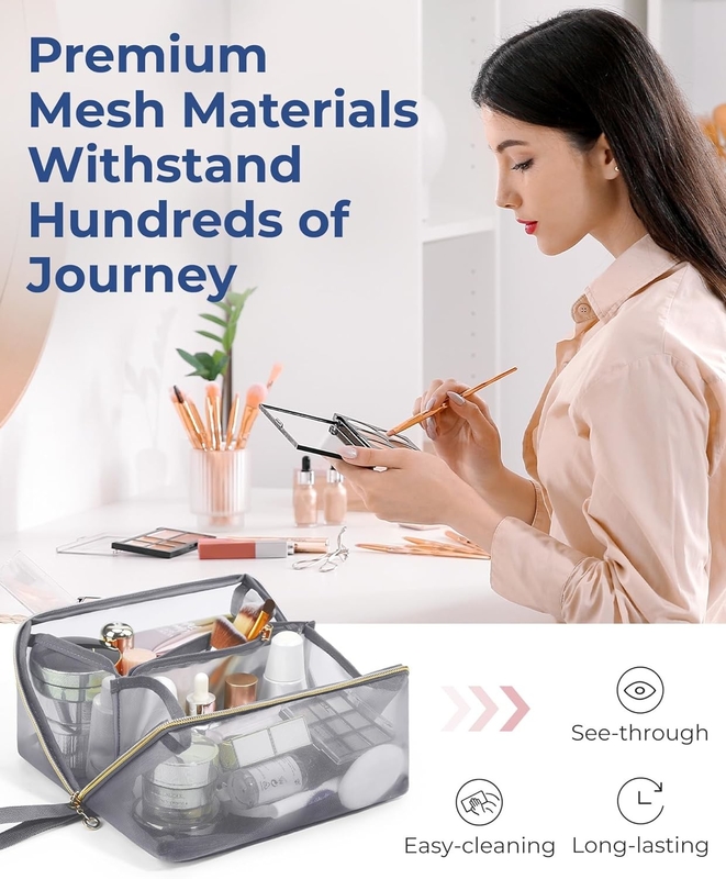 Draagbare Grote Zwarte Mesh Cosmetische Tas Open Flat Organisator Reistas Voor Mannen Vrouwen