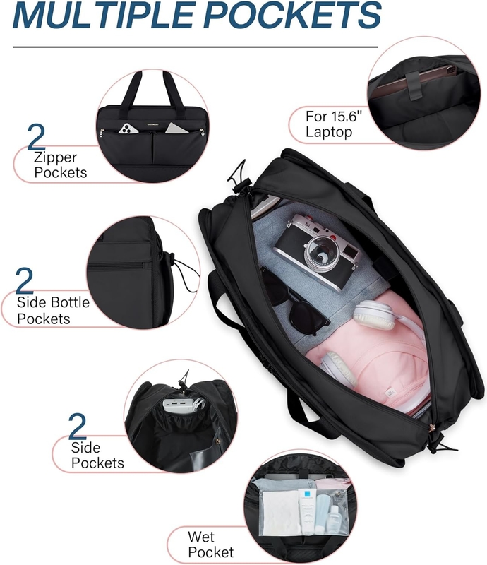 Grote zwarte 40L Carry On Weekend Overnight Bag Sport Gym Yoga Custom Met schoenenzakken