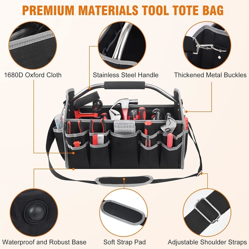 16 inch 26 Pockets Steel Handle Custom Travel Tool Bag Met Afneembare Schouderband