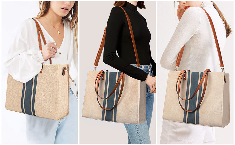 Canvas Work Laptop Tote Bag Voor Vrouwen Casual Travel 16.33x4.7x12.99